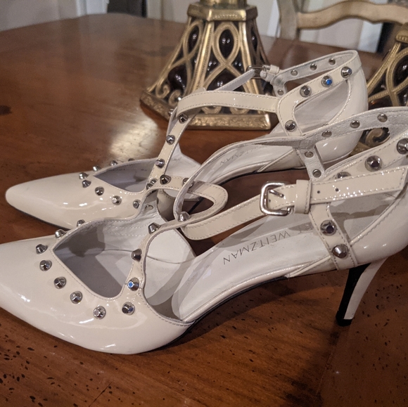 Stuart Weitzman Nude Lace Up Studded Heels 9.5 - Picture 2 of 5